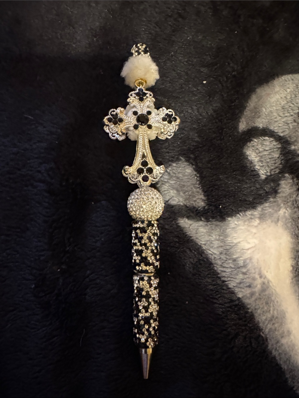 Silver-Tone Cross Brooch Pen with Black Accents
